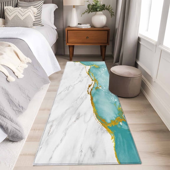 Turquoise Gold Marble Runner Rug 2x6 FT,Non Slip Hallway Carpet,Modern Abstract Marble Crack Texture Washable Soft Floor Carpet Throw Runner Carpet Long Rug for Entryway Kitchen Bedside Sliding Door
