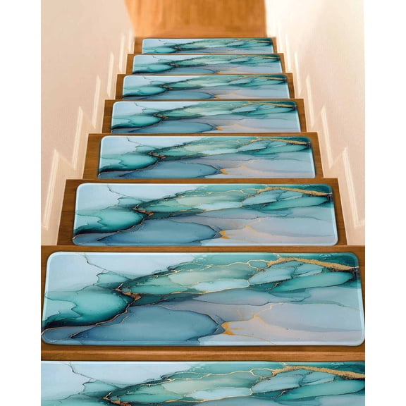 Turquoise Gold Marble Stair Treads for Wooden Steps Indoor Runner Rug Carpet, Abstract Teal Modern Geometric 4 Pieces Peel and Stick Staircase Step Treads Covers Washable Throw Door Mats, 30"x8"