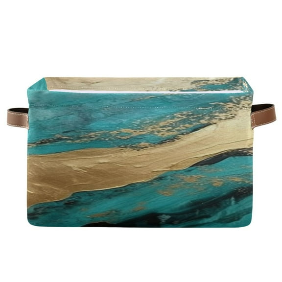 Turquoise Gold Marble Storage Bins with Handle Fabric Organizer Basket Foldable Box 1 Pack 14.2x10.2x8.3