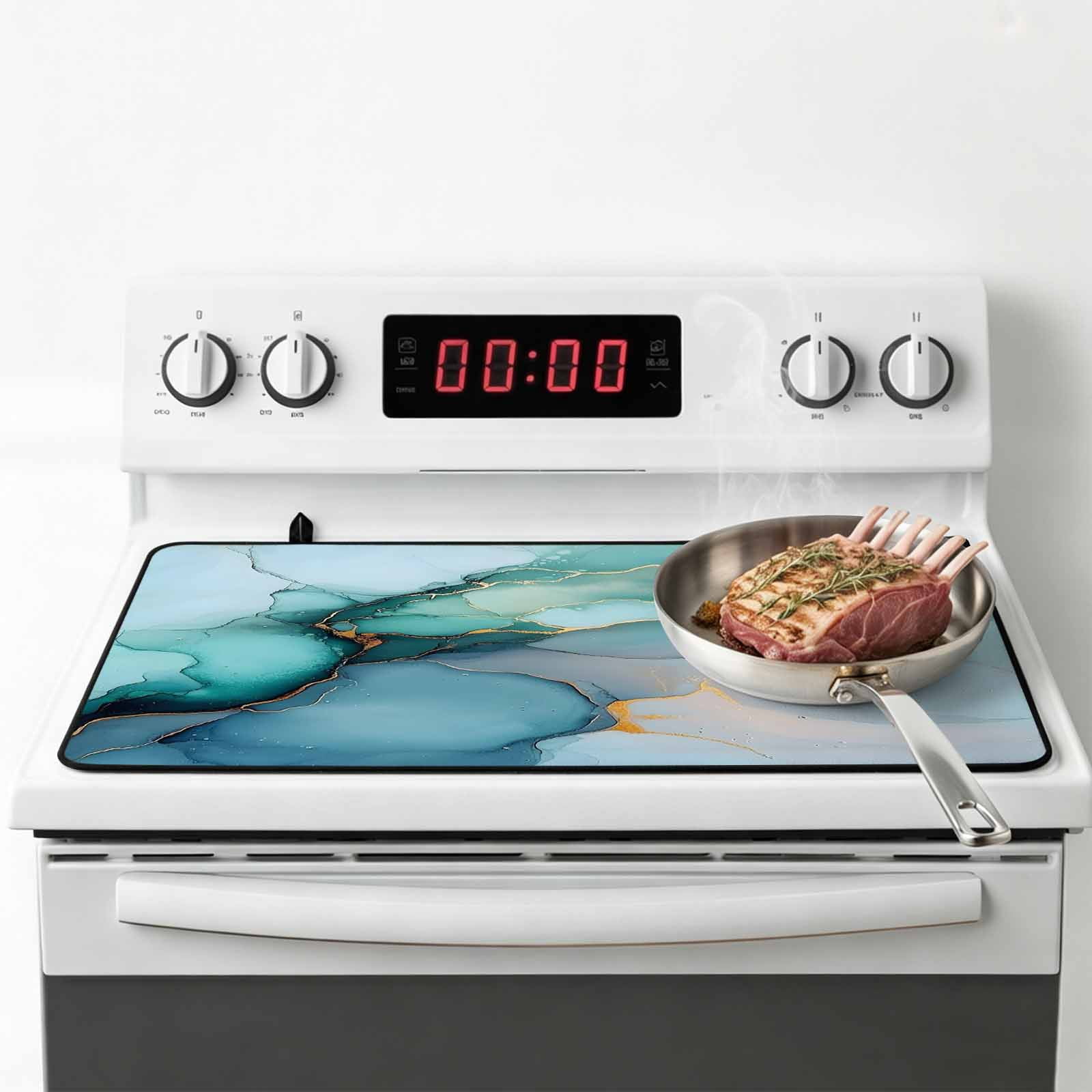 Turquoise Gold Marble Stove Top Cover for Electric Stove, Heat-proof & Non Slip Glass Top Stove Cover Protector, Abstract Teal Modern Geometric Kitchen Flat Cooktop Rubber Mat 24x21 Inches