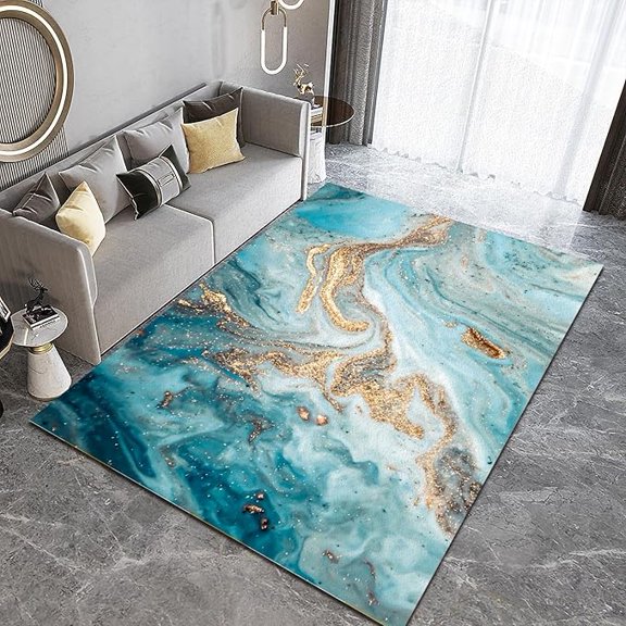 Turquoise Gold Marble Swirl Area Rug, Abstract Watercolor Golden Texture Indoor Large Rugs, With Non-Slip Backing Entrance Carpet For Dining Room Nursery Home Office 3 x 4ft