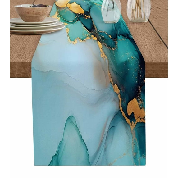 Turquoise Gold Marble Table Runner Cotton Linen 72 Inch Holiday Dresser Scarves, Abstract Simple Teal Geometric Tablerunner for Kitchen Coffee Dining Bedroom Living Room Dinner Scarf Décor 13''x72''