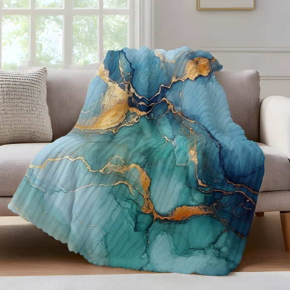 Turquoise Gold Marble Throw Blanket for Couch Modern Turquoise Blue Abstract Soft and Warm Flannel 3D Striped Fluffy Fuzzy Fleece Blanket Lightweight Throw for Bed, Sofa 30 x 40 Inches