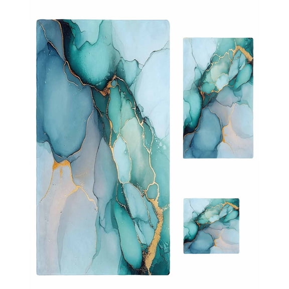 Turquoise Gold Marble Towel Set of 3, Soft Microfiber Bath Towels, Hand Towel, Washcloths, Abstract Teal Modern Geometric Quick-Dry Absorbent Towels for Bathroom Kitchen Hotel Beach Gym Spa