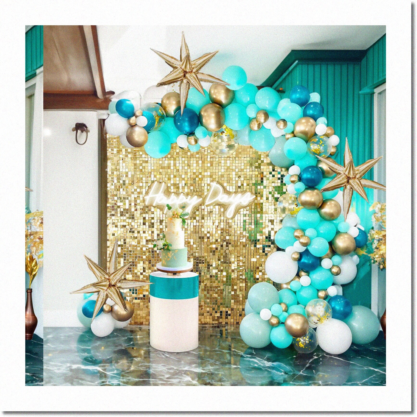 Turquoise & Gold Party Perfection Kit: 135Pcs Balloon Garland Arch with Chrome Teal & Starburst Balloons - Ideal for Sweet16, Graduation, Prom & Turquoise & Gold Party Perfection Kit: 135Pcs Balloon Garland Arch with Chrome Teal & Starburst Balloons - Ideal for Sweet16, Graduation, Prom &