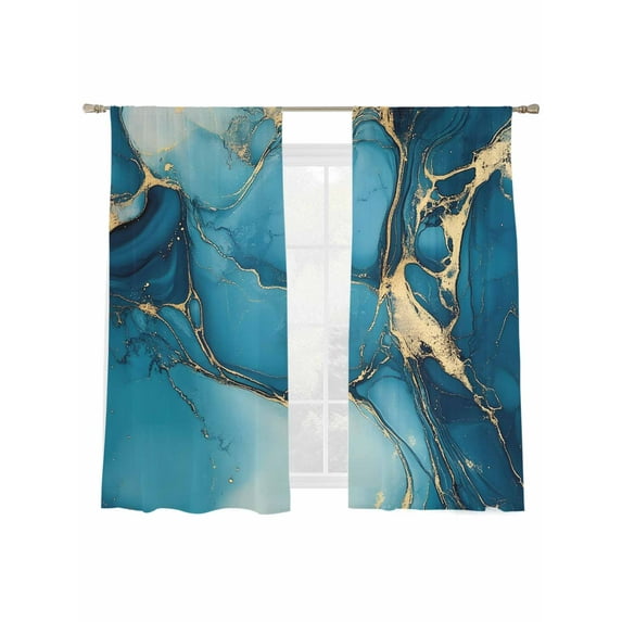 Turquoise Gold Sheer Curtains for Living Room Bedroom, Light-filtering Sheer Curtain, Marble Abstract Cracks Texture Modern Art Rod Pocket Voile Window Treatment Drapes, 52’’Wx72’’L, 2 Panels Set