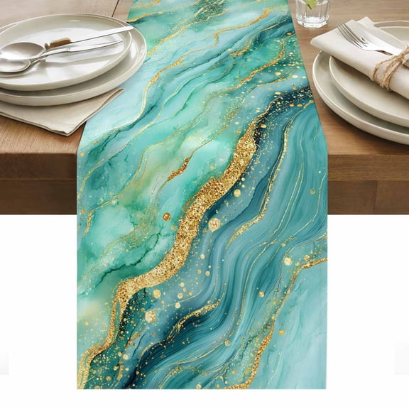 Turquoise Golden Marble Table Runner Modern Art Luxury Marble Flowing Tablerunners 13 x 108 Inch, Table Decorations Tabletop Scarf for Summer Gathering Holiday Farmhouse Kitchen Dining Decor