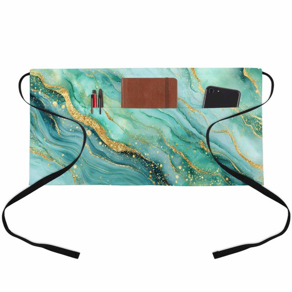 Turquoise Golden Marble Waitress Apron with 3 Pockets, Modern Art Luxury Marble Flowing Server Aprons Waterproof Kitchen Restaurant Half Waist Apron for Men Women