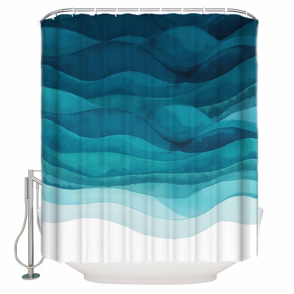Turquoise Gradient Bathroom Shower Curtains with Hooks, Abstract Ocean Wave Waterproof Fabric Washable Shower Curtain for Home Hotel Bathtub Decor 54x78 Inch