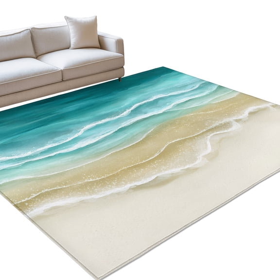 Turquoise Gradient Beach 3x5ft Non Slip Area Rug Abstracts Seaside Ocean Wave Coastal Washable Soft Area Rugs for Living Room, Indoor Circle Carpet for Bedroom Dining Room Kitchen