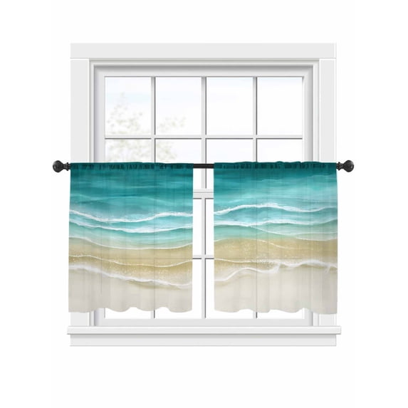 Turquoise Gradient Beach Sheer Curtains 2 Panels Set Abstracts Seaside Ocean Wave Coastal Sheer Window Curtains Light Filtering Rod Pocket Voile Drapes for Bedroom Living Room 52"x54"