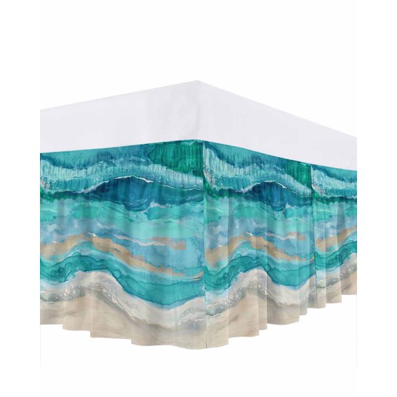 Turquoise Gradient Bed Skirt Queen Size 18&nbsp;Inch Drop, Abstract Beach Ocean Wave Oil Painting Wrap Around Dust Ruffle Bedskirts, Wrinkle & Fade Resistant Easy Fit Bedskirt with Adjustable Elastic