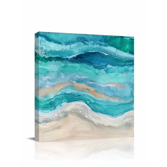 Turquoise Gradient Canvas Wall Art, Abstract Beach Ocean Wave Oil Painting Framed Wall Decor Modern Artwork Prints Painting for Living Room, Bedroom, Kitchen & Cafe Decor 16x16 Inch