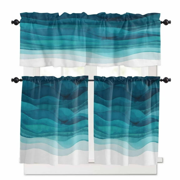 Turquoise Gradient Kitchen Curtains and Valances Set, Abstract Ocean Wave Rod Pocket Window Valance 18 Inch Window Curtain Panels for Living Room Bedroom Laundry, 27.5x24in, 3 Pieces