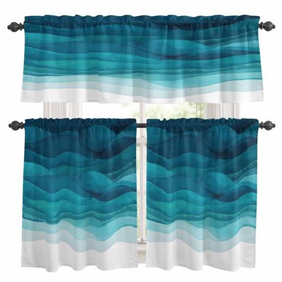 Turquoise Gradient Kitchen Curtains Valances and Tiers Set of 3 Abstract Ocean Wave Tier Curtains and Valance with Rod Pocket for Small Windows, 27.5"x24"