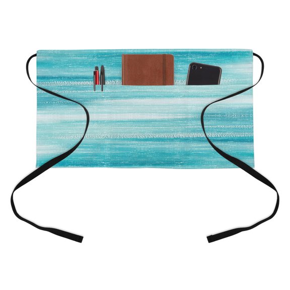 Turquoise Gradient Kitchen Restaurant Half Waist Apron, Minimalist Sea Waves Modern Summer Coastal Server Short Apron with 3 Pockets Waterproof Oil Waist Aprons for Women Waitress Waiter