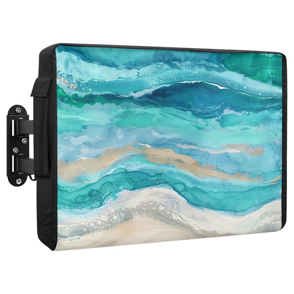 Turquoise Gradient Outdoor TV Cover 30 to 32 Inch Abstract Beach Ocean Wave Oil Painting Weatherproof and Waterproof TV Cover Heavy Duty Outside Flat TV Screen Protector with Remote Control Pocket