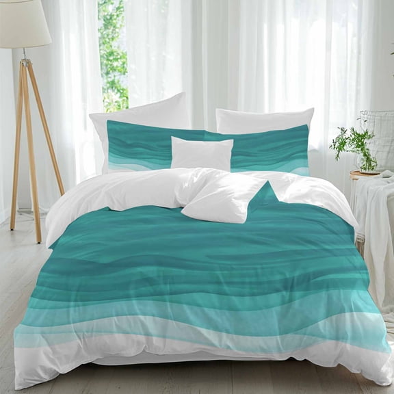 Turquoise Gradient Queen Size Comforter Set, Abstract Turquoise Gradient Water Ripples Bedding for All Seasons, 4 Pcs Bed Set, 1Quiltcover (90"x92") ,1Sheet(94"x116"), 2Pillowcases (30"x20")