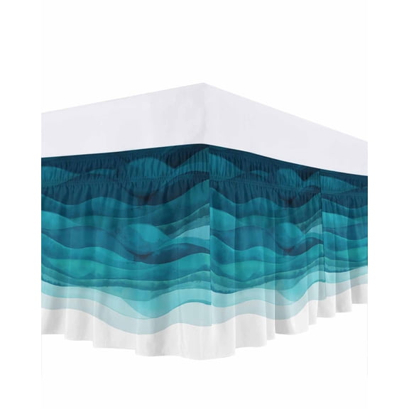 Turquoise Gradient Ruffle Bed Skirt California King Size Abstract Ocean Wave Adjustable Elastic Dust Bed Skirts Wrap Around Bedskirt Wrinkle Free Easy Fit with 18 Inch Drop