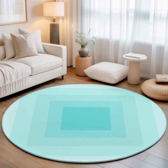 Turquoise Gradient Squares 3.3' Round Rug for Bedroom Reading Corner, Softness Layers Zen Geometric Washable Non Slip Circle Area Rug