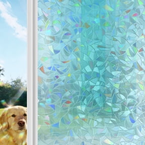 Turquoise Gradient Squares Rainbow Window Privacy Film, Softness Layers Zen Geometric Stained Glass Window Film, Sun Blocking Glass Clings Static Cling Non Adhesive Door Stickers 17.7 x 78.7 Inches