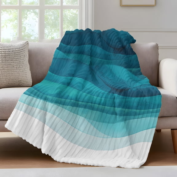 Turquoise Gradient Throw Blanket for Couch Abstract Ocean Wave Soft and Warm Flannel 3D Striped Fluffy Fuzzy Fleece Blanket Lightweight Throw for Bed, Sofa 30 x 40 Inches