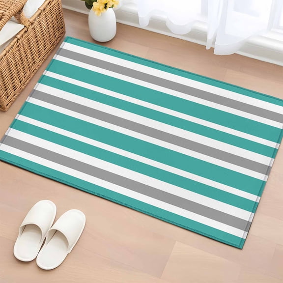 Turquoise Gray 2'x3' Rug for Entryway Front Door Kitchen Sink Area, White Stripe Low Pile Washable Non Slip Rectangle Area Rug for Living Room Dining Room, Bathroom Accent, Entryway, Beside Bed