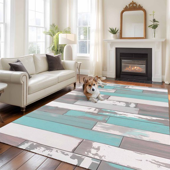 Turquoise Gray Area Rug 5x8 FT, Non Slip Bedroom Throw Carpet, Country Retro Mottled Texture Wood Grain Washable Soft Floor Carpet Non-Shedding Rug for Living Room Nursery Dorm Office