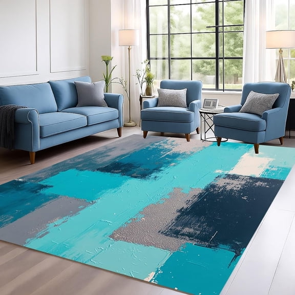 Turquoise Gray Area Rugs, Modern Contemporary Abstract Design Carpet, Washable Non Slip Low Pile Rug for Living Room Bedroom Dining Room Decor Mat 2x3ft