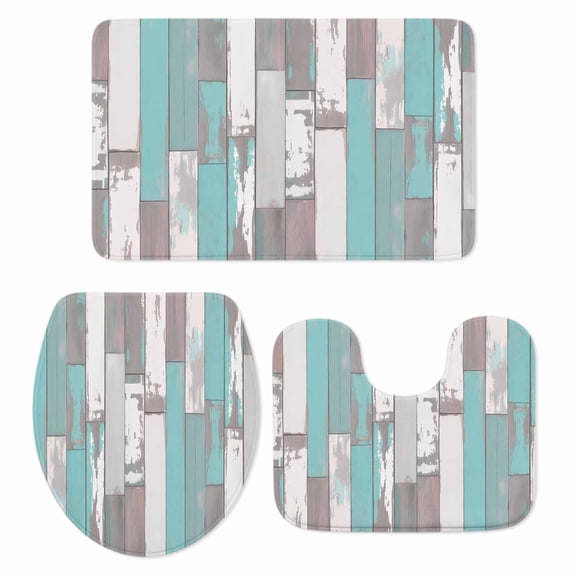 Turquoise Gray Bath Mat 3 Piece Bathroom Rug Set, Country Retro Mottled Texture Wood Grain Non Slip Bath Rug Contour Mat and Toilet Lid Cover, Absorbent Shower Mats Soft Bath Rugs and Mats Sets