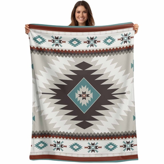Turquoise Gray Boho Blanket Soft Cozy Warm Throw Blanket for Couch, Plush Fuzzy Flannel Fleece Blankets for Sofa, Southwestern Ethnic Geometric Bed Blankets Lightweight Gifts for Women, 50"x60"