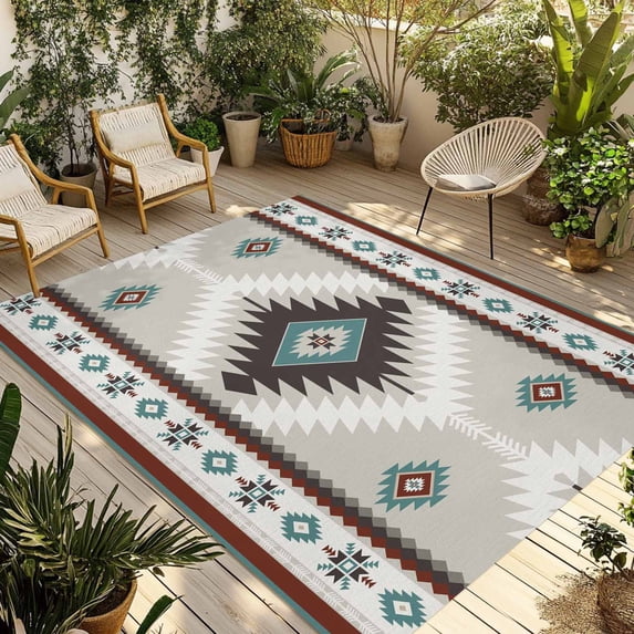 Turquoise Gray Boho Outdoor Rug 4x6 Ft - Reversible Patio Rug Outdoor Camping Rugs, Southwestern Ethnic Geometric Washable Indoor Outdoor Area Rugs, Non-Slip Outdoor Carpet Runner for Deck/Porch