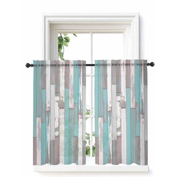 Turquoise Gray Curtains 54 Inch Length,Sheer Curtains for Bedroom Living Room Window Country Retro Mottled Texture Wood Grain Rod Pocket Drapes Kitchen Curtains Small Half Window 42"x54" 2 Panels