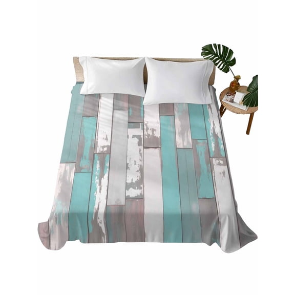 Turquoise Gray Flat Sheets Only Queen Size, Soft Breathable Bed Top Sheets for Mattress, Country Retro Mottled Texture Wood Grain Luxury Bedding Flat Sheets for Home Hotel Bedroom Bed Protection