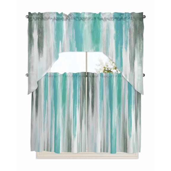 Turquoise Gray Kitchen Curtain and Valance Set 3 Pieces,Rod Pocket Short Tier Curtains 36 Inch Length,Farmhouse Abstract Gradient Aesthetic Swag Topper Small Window Treatment for Cafe Bathroom