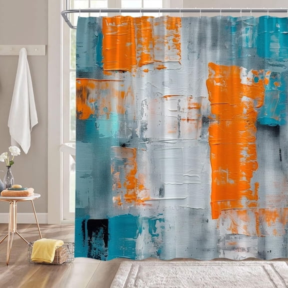 Turquoise Gray Orange Shower Curtain Burnt Blue Teal Orange and Gray Abstract Brushstrokes Painting Modern Art Fabric Bathroom Curtain Sets with Hooks