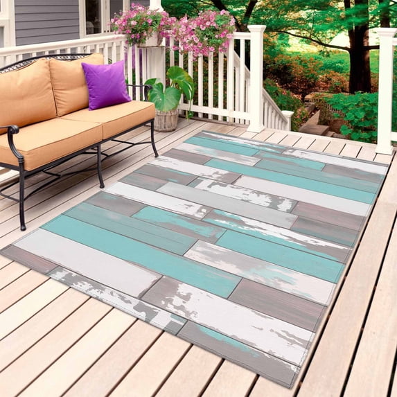 Turquoise Gray Outdoor Rug for Patio/Deck/Porch, Non-Slip Large Area Rug 3 x 5 Ft, Country Retro Mottled Texture Wood Grain Indoor Outdoor Rugs Washable Area Rugs, Camping Rug Carpet Runner