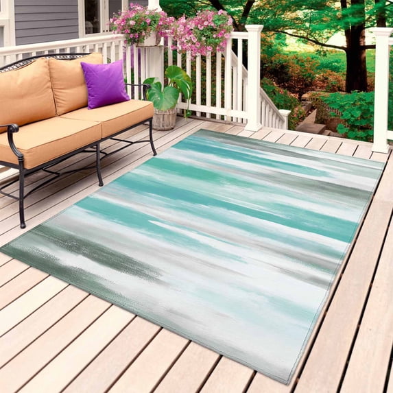 Turquoise Gray Outdoor Rug for Patio/Deck/Porch, Non-Slip Large Area Rug 3 x 5 Ft, Farmhouse Abstract Gradient Aesthetic Indoor Outdoor Rugs Washable Area Rugs, Reversible Camping Rug Carpet Runner