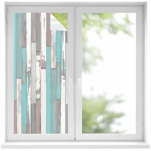 Turquoise Gray Privacy Window Film, Decorative Frosted Glass Window Film, Country Retro Mottled Texture Wood Grain Reusable Peel and Stick Static Cling for Home Bathroom Office Glass Door 17.7"x39.3"