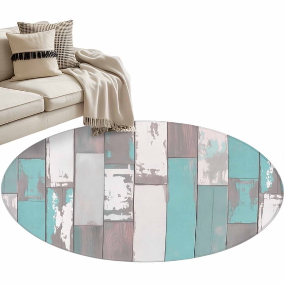 Turquoise Gray Round Area Rug 4ft, Country Retro Mottled Texture Wood Grain Washable Non-Slip Circle Rugs for Bedroom Living Room Kitchen, Soft Non Shedding Circle Carpet for Dining Room Dorm