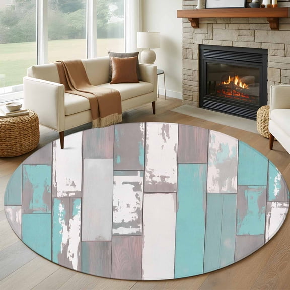 Turquoise Gray Round Area Rug 6 FT, Non Slip Bedroom Area Rug, Country Retro Mottled Texture Wood Grain Washable Soft Circular Carpet Floor Mat for Kitchen Dining Room Home Office