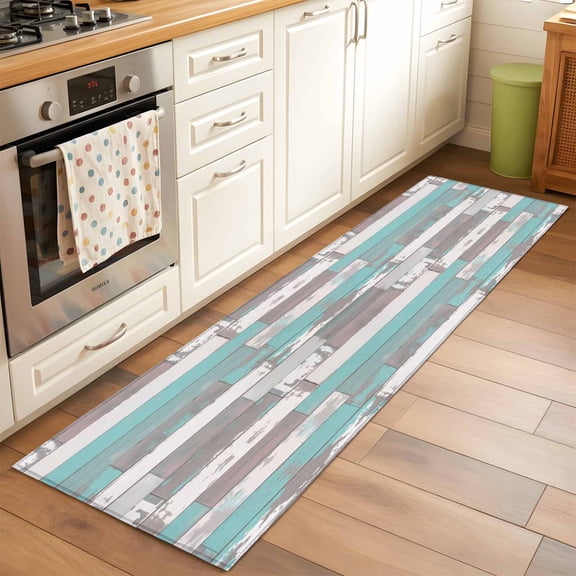 Turquoise Gray Runner Rug 2x6 FT, Non Slip Hallway Carpet, Country Retro Mottled Texture Wood Grain Washable Soft Floor Carpet Throw Runner Carpet Long Rug for Entryway Kitchen Bedside Sliding Door