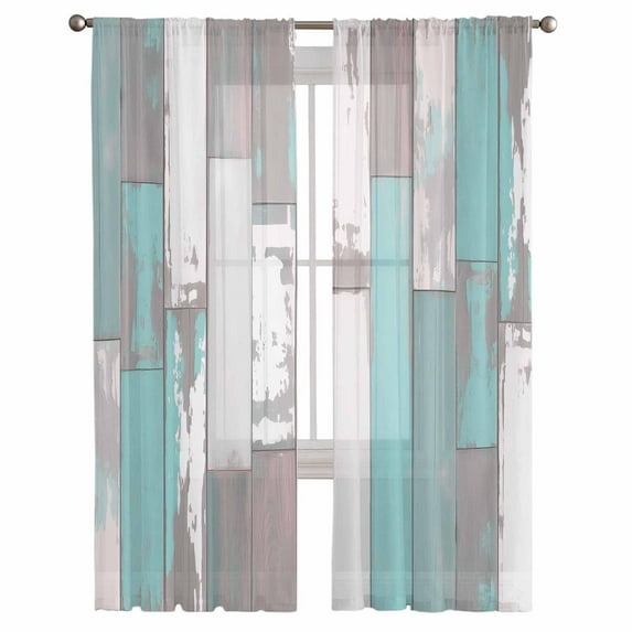 Turquoise Gray Semi Sheer Curtains 108 Inch Length 2 Panels Set, Country Retro Mottled Texture Wood Grain Sheer Kitchen Curtain Privacy Voile Window Curtain for Living Room Bedroom Rod Pocket Drapes