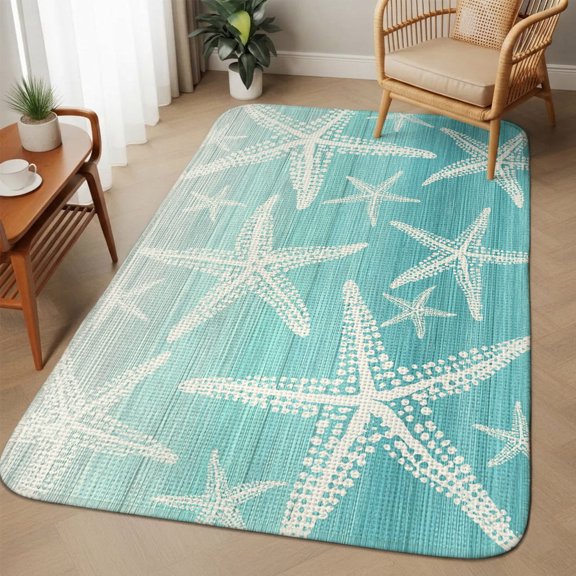 Turquoise Gray Starfish Washable Area Rugs for Living Room Bedroom, Large Non Slip Indoor Floor Carpet Absorbent Summer Coastal Nautical Ocean Classic Door Mat Rugs for Bathroom Entryway 63"x78.7"