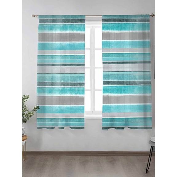 Turquoise Gray Striped Chiffon Sheer Curtains 72 Inches Long, Vintage Horizontal Stripes 2 Rod Pocket Window Treatment Voile Drapes Curtains for Living Room Bedroom,2 Panels, 52x72In