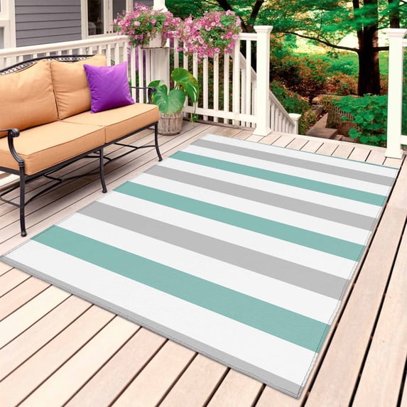 Turquoise Gray Striped Outdoor Rug 6x9 Ft, Non Slip Washable Area Rug, Farmhouse Stripe Art Patio Rugs Carpet Runner, Large Floor Mat for Indoor/Outdoor Deck Porch Camping