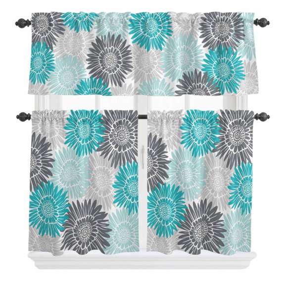 Turquoise Gray Sunflowers Curtain Valances Set Abstract Blooming Floral Rustic Kitchen Curtains 24 inch Length Rod Pocket Valance and Tiers 3 Piece Set Small Bedroom Bathroom Laundry Decor