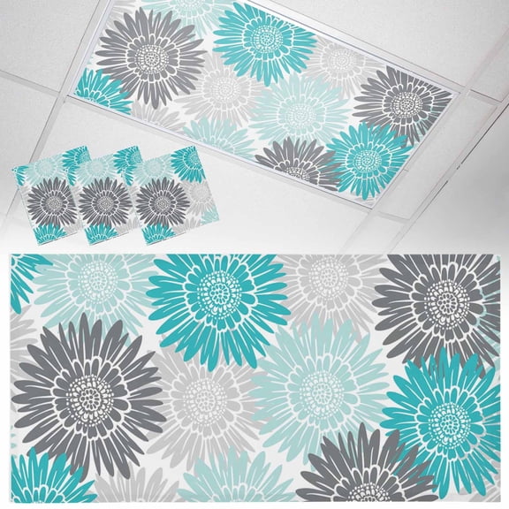 Turquoise Gray Sunflowers Fluorescent Light Covers Abstract Blooming Floral Rustic Magnetic Light Filters Ceiling Lighting Panel Shade for Classroom Office Home 2 x 4 ft, 3 Pack