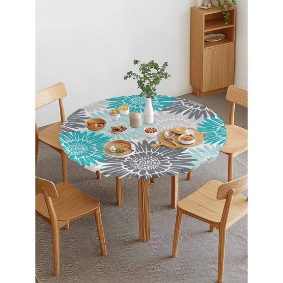 Turquoise Gray Sunflowers Round Fitted Tablecloth with Elastic Edge, Abstract Blooming Floral Rustic Waterproof Stretch Table Covers for 45"-54" Tables Wipeable Table Cloth for Outdoor