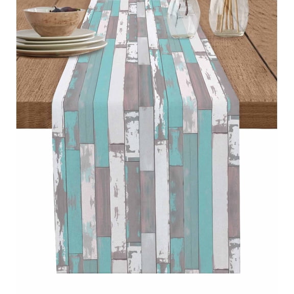 Turquoise Gray Table Runner 72 Inches, Country Retro Mottled Texture Wood Grain Bed Runner Dresser Scarves Tabletop for Indoor Outdoor Parties/Ceremony/Banquet, 18" x 72"